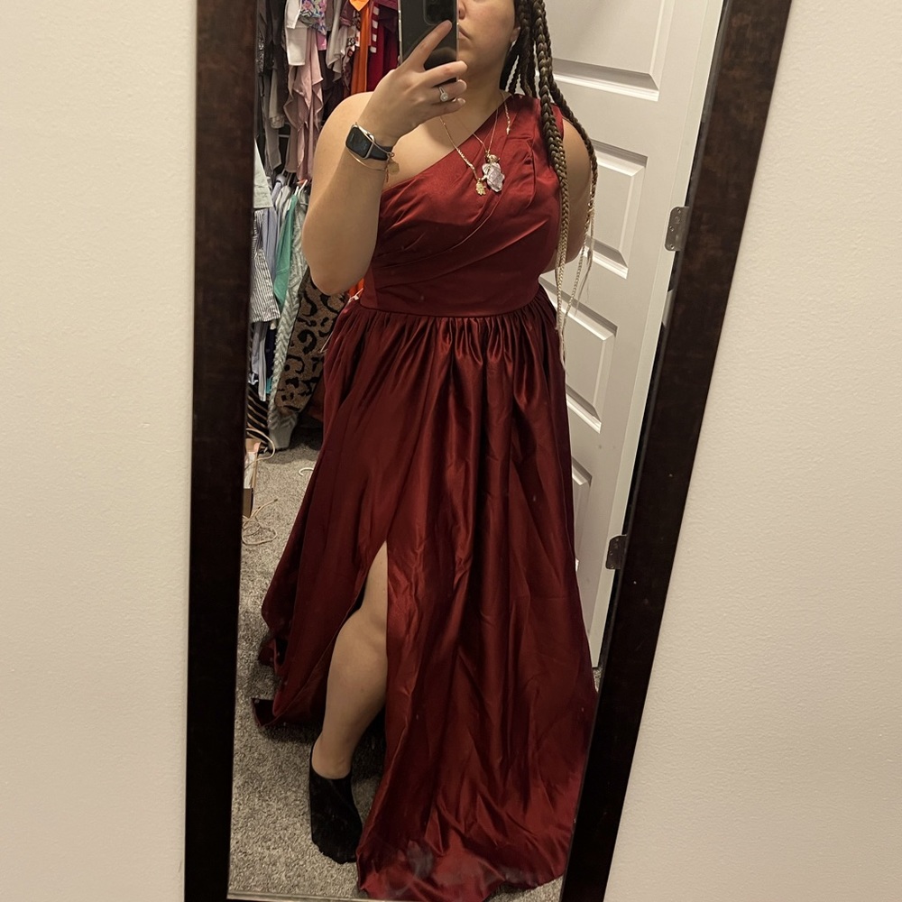 One Shoulder Satin Dress with Slit Long Formal Evening Gown with Pockets